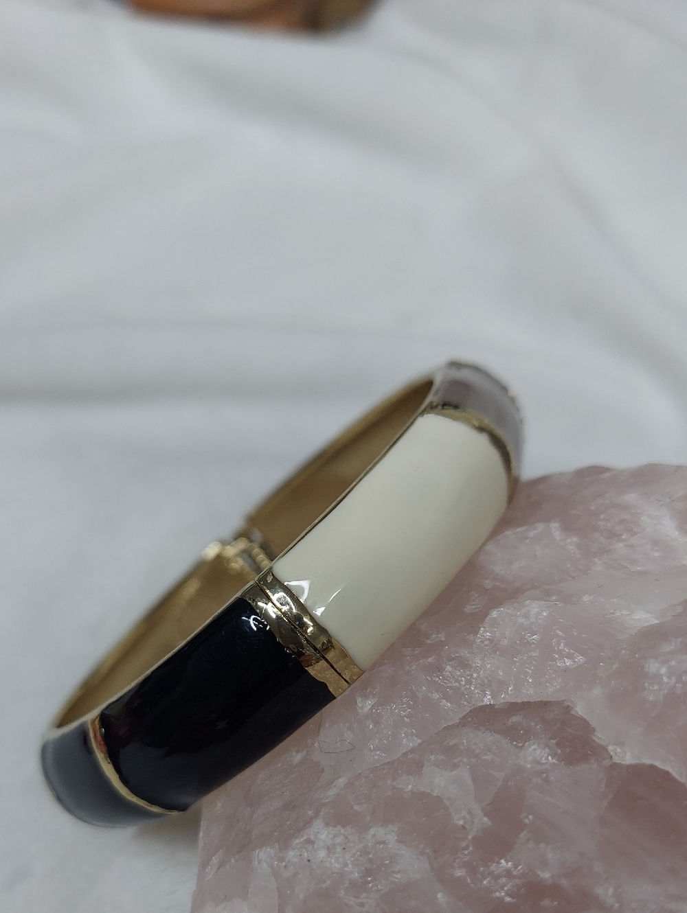 Gold-Tone Black and Cream Enamel Bangle Bracelet